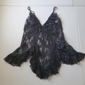 Y2K Whimsigoth Fairy Grunge Lace Chemise Womens Medium Black Floral Babydoll